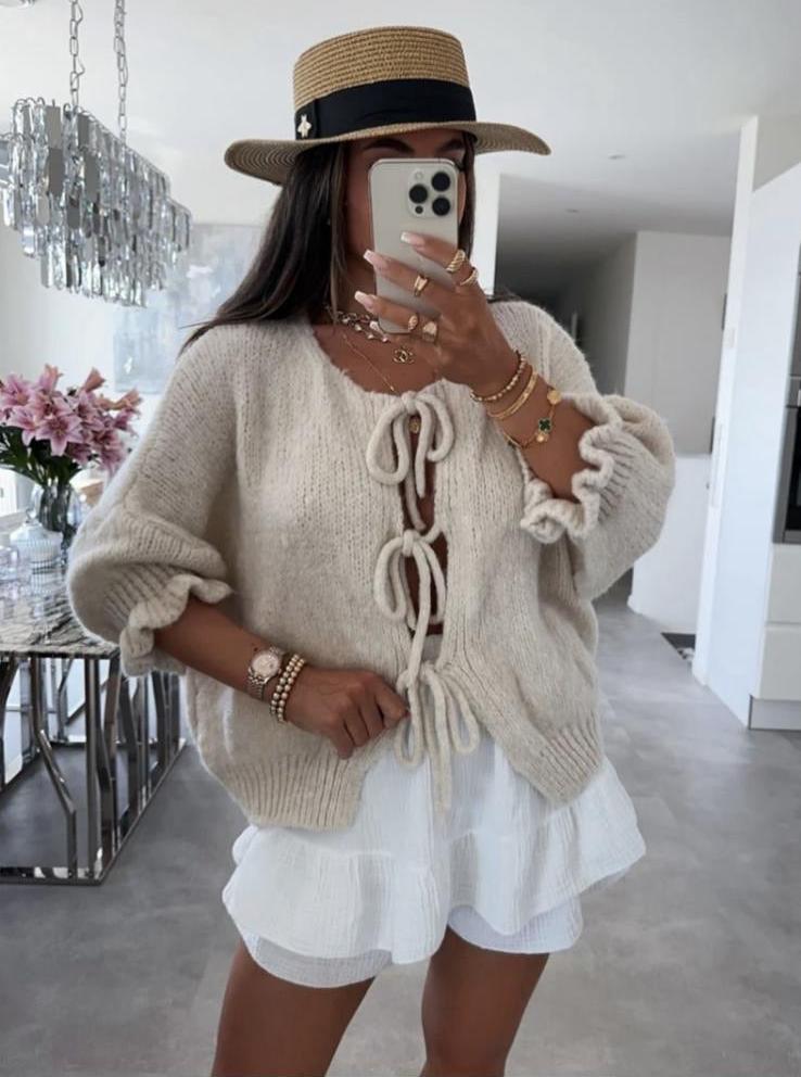 PULL MAILLE DOUCE A NOEUD BEIGE